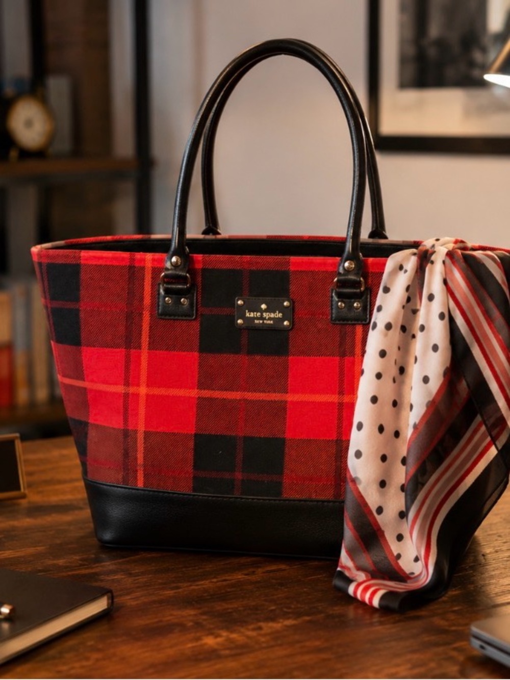 kate spade Red and Black Plaid Tote with Black Trim